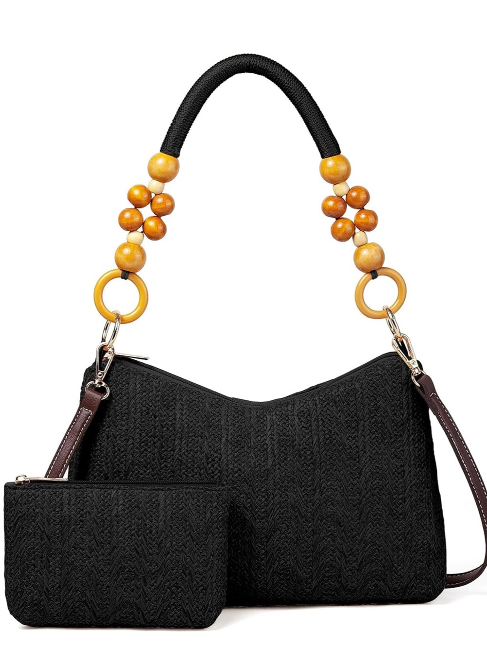 Black Straw Women’s Beaded Handle Crossbody Bag and Matching Wallet NWT